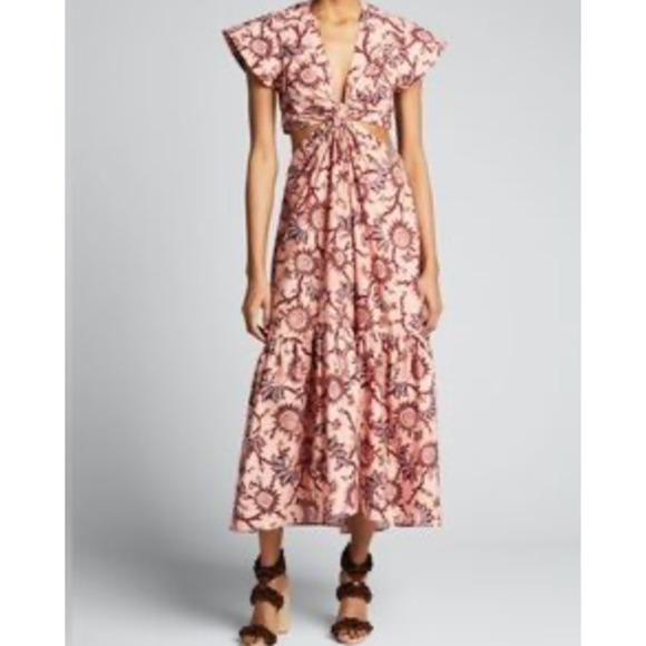 ALC Dress Womens 6 Multi Alexandria Gathered Cutout Waist Poplin Cap Sleeve Midi - Picture 14 of 15